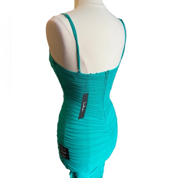 Women’s Lulus Teal Sleeveless Ruched Bodycon Mermaid Midi Dress Size Small NWT - Picture 5 of 14